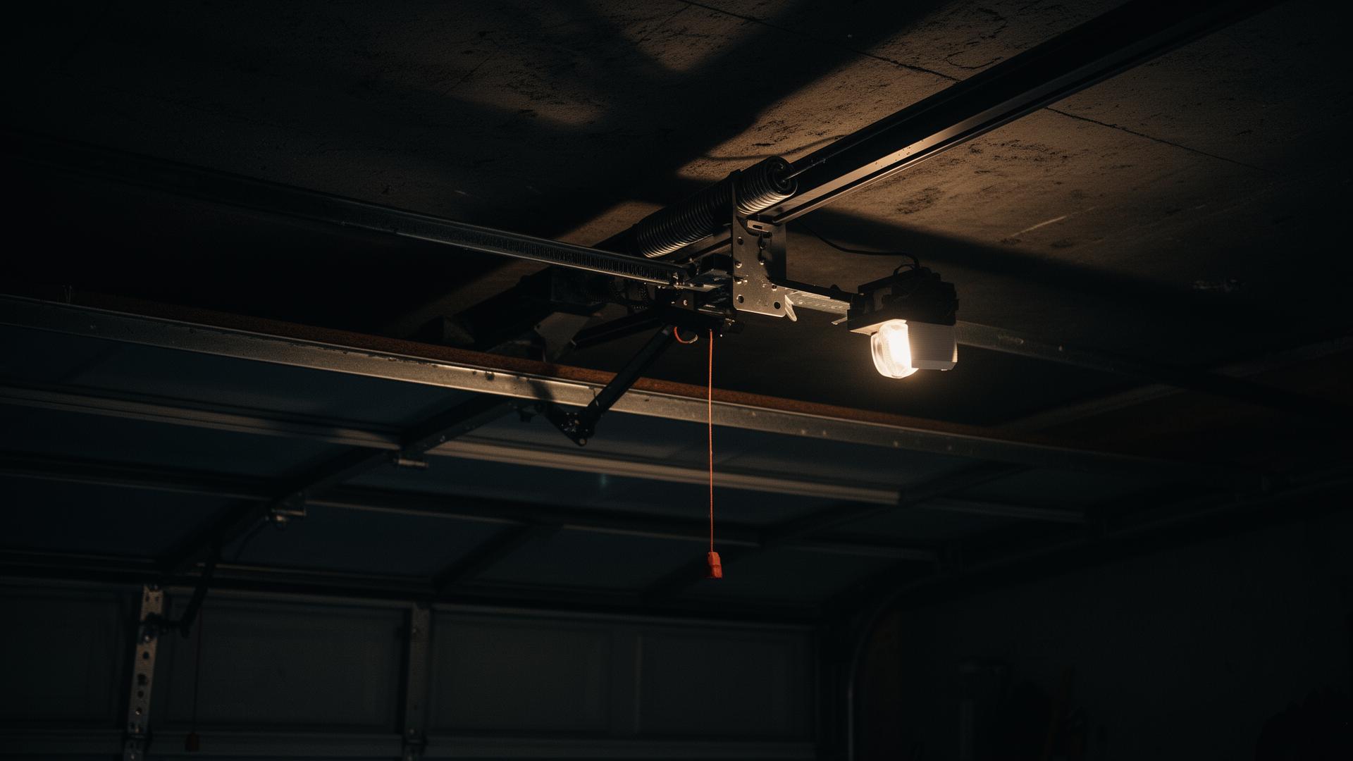 Dark residential garage interior with overhead door mechanism