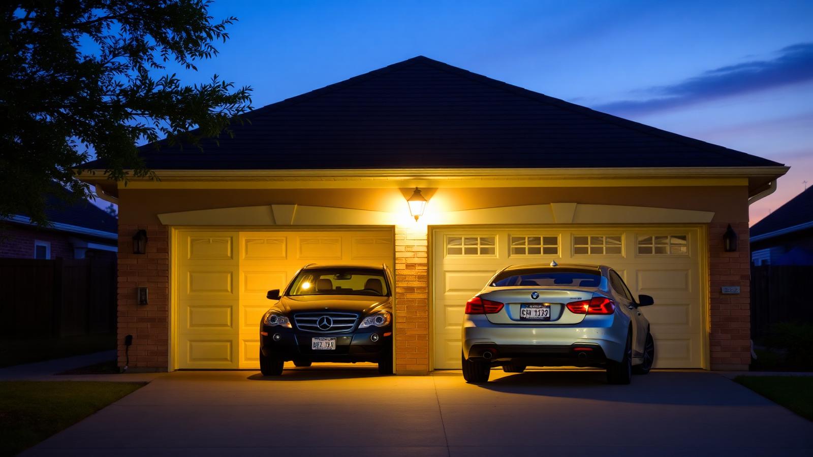 Suburban residential garage at dusk
